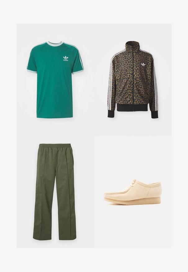Ruskean ja mustan leopardiprintin vetoketjullinen takki, jossa on valkoiset kolme viiru-aksenttia hihoissa ja musta ribattua helmaa. Klassinen Adidas-logo.; Vihreä puuvillapaita, jossa on pyöreä pääntie, vaaleansiniset yksityiskohdat ja Adidas-logo vasemmassa rinnassa. Lyhyet raglan-hihat.; Vihreät, kevyet, leveälahkeiset housut, joissa on joustava vyötärö ja sivutaskut. Sileä rakenne ja väljä istuvuus, suunniteltu mukavuutta varten.; Beigen värinen mokkasiini, jossa on nyörit, kreppipohja, moc-toeleikkaus ja matala kiilakoronosa, esitetty ulkopuolelta yksivärisellä taustalla.