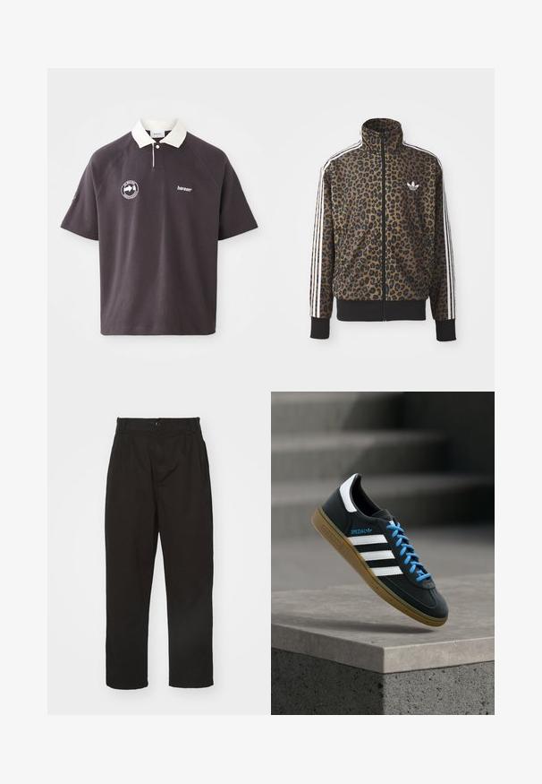 Brun og sort leopardprint zip-up jakke med hvide tre-stribede detaljer på ærmerne og en sort ribkant. Klassisk Adidas-logo.; Mørkegrå polo shirt med hvid krave, broderet logo på brystet og korte raglanærmer. Fremstillet af blødt materiale.; Sorte bukser lavet af glat stof, med knaplukning, lige pasform og to frontfolder for ekstra detalje.; Sort Adidas sneaker med hvide striber, blå snørebånd og gummisål, der svæver over gråt betontrin i blødt lys.