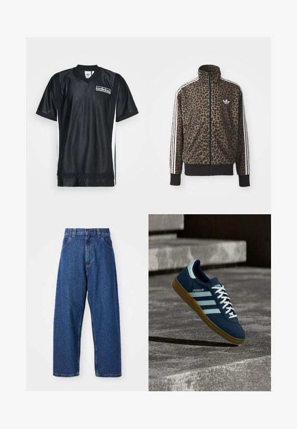 Leopardimustriga lukuga jakke pruunis ja mustas, millel on valged kolmetriibulised aktsendid varrukatel ja must ribakangast äär. Klassikaline Adidas logo.; Musta sportlik jersy, mis on valmistatud läikivast ja siledast kangast, V-kaelusega, valgete külge triipudega ja Adidas logo rinnal.; Tumesinine laiad teksapüksid. Omavad kõrget vööd, vöösooniseid ja klassikalist viit tasku. Õmmeldud äär ja puhas viimistlus.; Sinine Adidas Spezial tennisk, valgete triipude ja paeltega, kummist tallaga, hõljub kareda betoonpinna ja sammude kohal taustal.