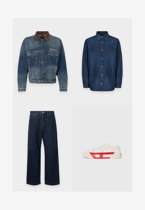 Kahvatud sinine teksajope pruunide krae, nööbitava esiküljega, rinnataskute ja vasakul rinnal valge "Diesel Industry" logoga.; Denim särk on tume sinine, nupuga eest kinni, terava kraega, pika varrukaga ja rinnal on väike punane logo.; Tumed sinine denimist teksad sirgete jalgadega, klassikalise viie taskuga disainiga, kontrastse toodete õmblusega ja väikese värvilise märgiga külgedel.; Kanva ketsid valge ülemise osaga, punaste kummist aktsentidega ja tekstureeritud disainiga. Omab ümmargust varbaosa ja viit silmust paelte jaoks.