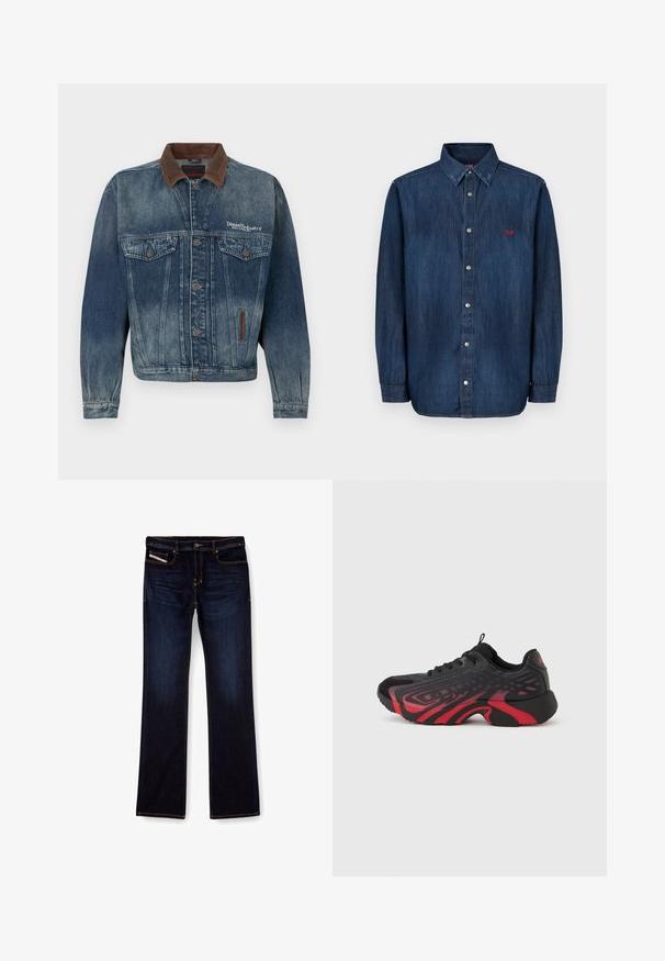 Verblasste blaue Jeansjacke mit braunem Kragen, Knopfleiste, Brusttaschen und weißem "Diesel Industry"-Logo auf der linken Brustseite.; Das Denim-Hemd hat einen dunkelblauen Farbton, eine durchgehende Knopfleiste, einen spitzen Kragen, lange Ärmel und ein kleines rotes Logo auf der Brust.; Dunkelblaue Jeans aus Denim mit geradem Bein, ausgestattet mit orangefarbenen Nähten, einem Reißverschluss und Vordertaschen. Glatte Textur und Standardbund.; Schwarz-rotfarbener Sportschuh mit strukturiertem Obermaterial und Musterdetails, Schnürverschluss und dicker Gummisohle.
