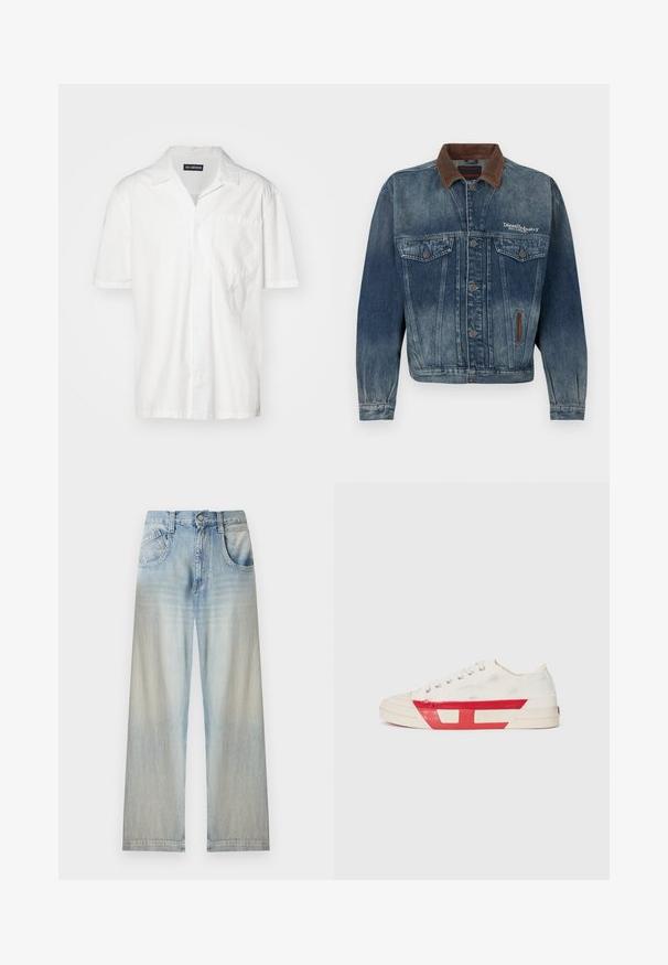 Verbleekte blauwe spijkerjas met bruine kraag, knoopsluiting aan de voorkant, borstzakken en wit "Diesel Industry"-logo op de linkerborst.; Korte mouwen witte shirt in een katoenmix, met een puntkraag, een borstzak en een subtiele geborduurde accent aan de linkerkant.; Lichtblauwe denim jeans met brede pijpen, voorzakken, knoopsluiting en vervaagde plekken op de dijen en onderbenen.; Canvas sneaker met een witte bovenkant, rode rubberen accenten en een gestructureerd ontwerp. Heeft een ronde neus en vijf oogjes voor de veters.