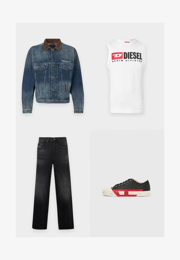 Veste en denim bleu délavé avec col marron, boutonnage devant, poches poitrine et logo blanc "Diesel Industry" sur le côté gauche de la poitrine.; T-shirt blanc sans manches en coton avec un logo audacieux "DIESEL DENIM DIVISION" en noir et rouge sur la poitrine. Texture lisse, col rond.; Jean en denim noir à coupe droite, avec cinq poches, un léger délavage et un aspect usé. Détails visibles en métal et coutures apparentes.; Baskets en toile noire avec des accents rouges, un bout en caoutchouc et une semelle blanche. Elles présentent des lacets noirs et un design texturé sur le côté.