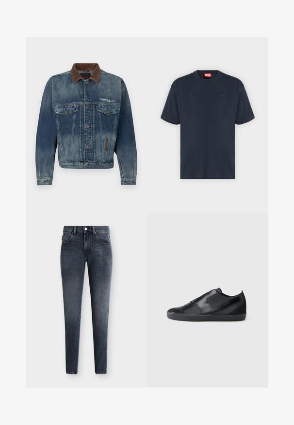 Veste en denim bleu délavé avec col marron, boutonnage devant, poches poitrine et logo blanc "Diesel Industry" sur le côté gauche de la poitrine.; T-shirt noir uni à manches courtes et col rond, avec un petit logo noir sur la poitrine et une étiquette de marque rouge à l'intérieur de l'encolure.; Jean slim fit gris foncé délavé avec poches avant et poche monnaie, passants de ceinture, fermeture à bouton et détails de coutures visibles sur un fond uni.; Baskets noires au design élégant, fabriquées en cuir lisse avec des accents en daim. Présentent des panneaux angulaires et un bout arrondi. Semelle en caoutchouc.