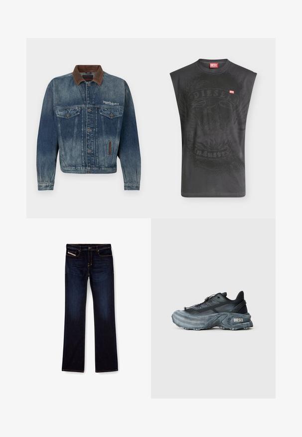 Chaqueta de mezclilla azul descolorida con cuello marrón, botones delanteros, bolsillos en el pecho y logo blanco "Diesel Industry" en el lado izquierdo del pecho.; Camiseta sin mangas negra de Diesel con un sutil gráfico de águila y un pequeño parche rojo con el logo de Diesel en el pecho.; Jeans de mezclilla de color azul oscuro con corte recto, con costuras naranjas, cremallera en la bragueta y bolsillos delanteros. Textura suave y cinturilla estándar.; Zapatilla Diesel en negro y gris con suela gruesa, cierre de cordón y diseño texturizado sobre un fondo liso de color gris claro.