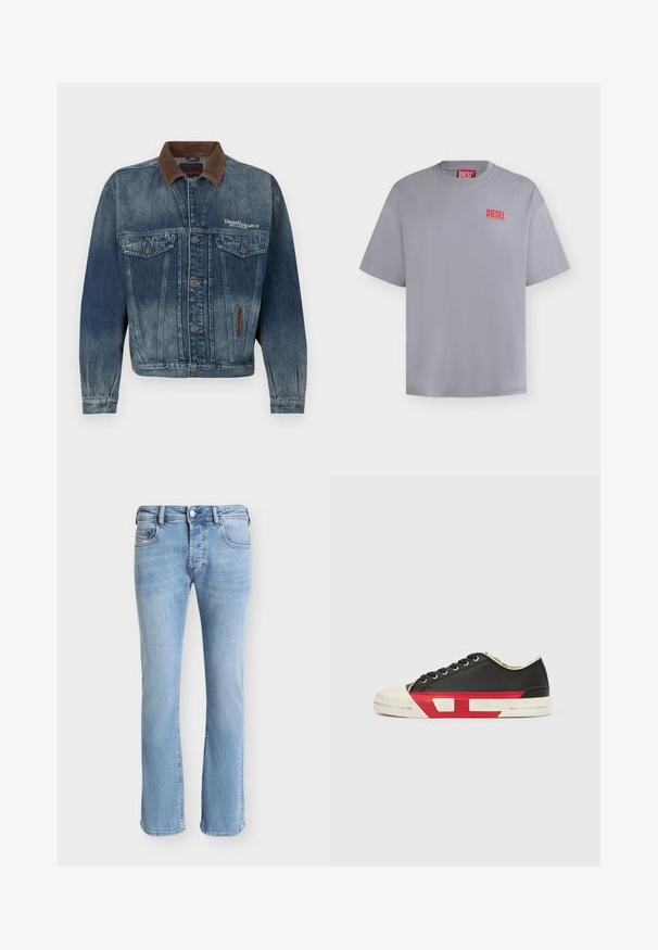 Veste en denim bleu délavé avec col marron, boutonnage devant, poches poitrine et logo blanc "Diesel Industry" sur le côté gauche de la poitrine.; T-shirt gris clair à manches courtes de la marque Diesel avec un petit logo Diesel rouge sur la poitrine gauche et une étiquette rouge à l'intérieur du col.; Jean droit en denim bleu clair avec poches avant, passants de ceinture, fermeture à boutons et coutures visibles sur un fond uni.; Baskets en toile noire avec des accents rouges, un bout en caoutchouc et une semelle blanche. Elles présentent des lacets noirs et un design texturé sur le côté.