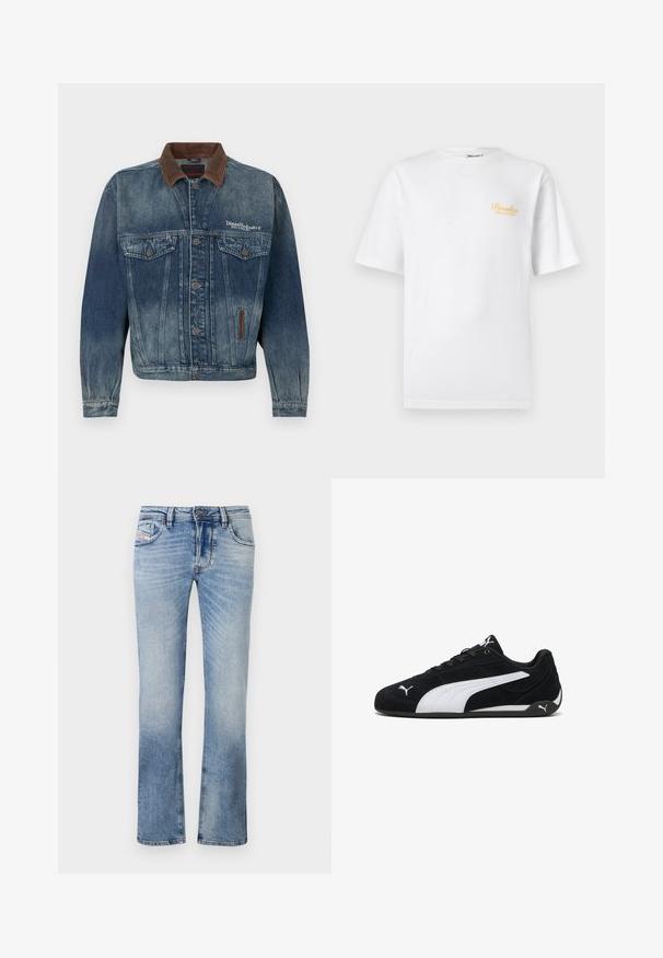 Verbleekte blauwe spijkerjas met bruine kraag, knoopsluiting aan de voorkant, borstzakken en wit "Diesel Industry"-logo op de linkerborst.; Wit T-shirt met korte mouwen, ronde hals en kleine gele tekst "Paradise Palmers" op de linkerborst.; Lichtblauwe denim jeans met een rechte pasvorm, voorzien van voorzakken, een rits en subtiele vervagingen door de stof.; Zwarte suède sportschoenen met een witte zijstreep, witte merkaccenten, een platte zwarte zool en zwarte veters.