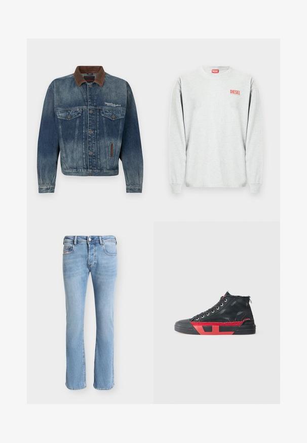 Veste en denim bleu délavé avec col marron, boutonnage devant, poches poitrine et logo blanc "Diesel Industry" sur le côté gauche de la poitrine.; Sweat-shirt gris à manches longues en mélange de coton, avec un logo "DIESEL" rouge sur la poitrine gauche et des poignets côtelés. Design basique avec col rond.; Jean droit en denim bleu clair avec poches avant, passants de ceinture, fermeture à boutons et coutures visibles sur un fond uni.; Baskets montantes noires avec des accents rouges et une finition usée. Caractérisées par une tige en toile texturée et une semelle en caoutchouc avec un design découpé.