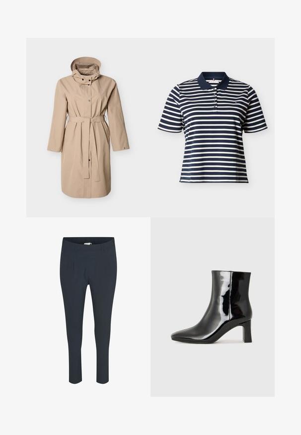 Imperméable beige avec capuche, ceinture à nouer, poches latérales et boutons-pression. Confectionné dans un matériau lisse et résistant à l'eau, avec des manches longues.; Polo manches courtes à rayures horizontales bleu marine et blanc avec un col bleu marine et quatre boutons sur la patte de boutonnage.; Pantalon sur mesure bleu marine, avec une texture lisse, présentant des plis à l'avant et une taille élastique pour le confort.; Bottines en cuir verni noir avec un bout pointu et un talon block de hauteur moyenne. Texture lisse et design minimaliste.