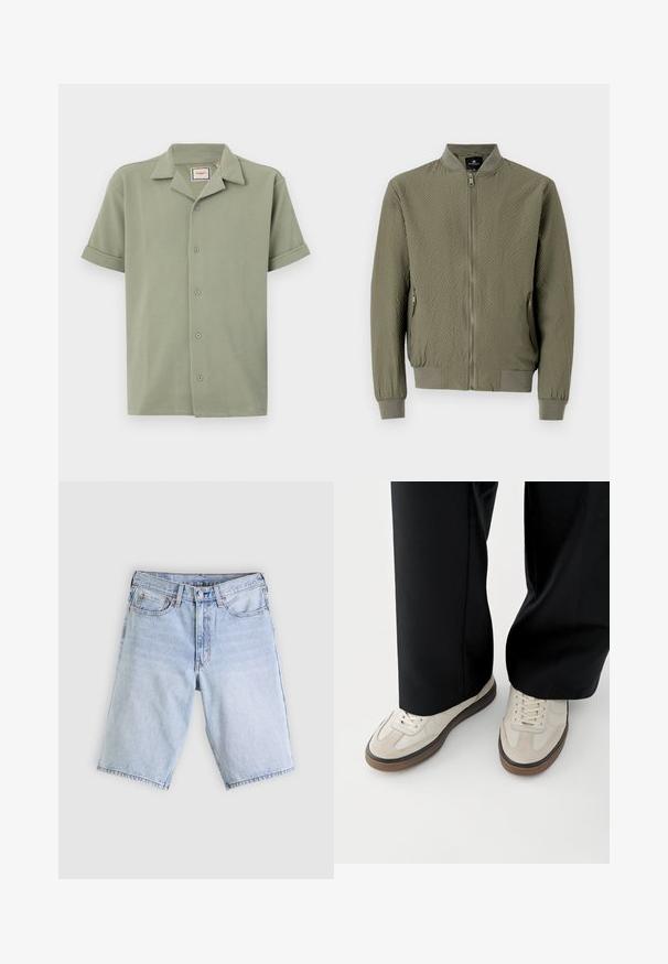 Chaqueta bomber verde oliva con una superficie texturizada, puños y cuello acanalados, y cierre frontal con cremallera. Incluye dos bolsillos laterales.; Camisa de manga corta en verde claro, hecha de tela texturizada con cuello de pico y cierre frontal de seis botones. Las mangas enrolladas ofrecen un ajuste relajado.; Pantalones cortos de mezclilla azul claro con botón delantero y cremallera, trabillas para cinturón y diseño de cinco bolsillos, extendidos sobre un fondo blanco.; Pies con zapatillas beige con suelas marrones y pantalones negros de pierna ancha sobre un fondo blanco.