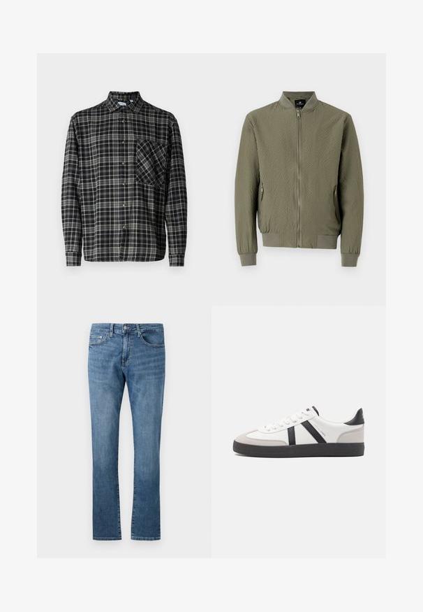 Veste bomber vert olive avec une surface texturée, des poignets et un col côtelés, et une fermeture éclair à l'avant. Comprend deux poches latérales.; Only & Sons Lumberjack ONSARCHER Lumberjack - Chemise - black; Jean en denim bleu coupe droite avec un design classique à cinq poches et une fermeture par bouton, présenté sur fond blanc.; Baskets blanches avec des accents noirs et gris, présentant un embout texturé gris, une semelle en caoutchouc noir et des lacets plats blancs. Design épuré, style minimaliste.