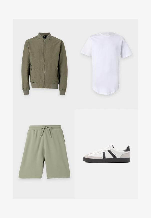 Chaqueta bomber verde oliva con una superficie texturizada, puños y cuello acanalados, y cierre frontal con cremallera. Incluye dos bolsillos laterales.; Camiseta blanca de manga corta hecha de algodón. Diseño de cuello redondo con dobladillo curvado. Etiqueta visible en el lado inferior izquierdo. Textura suave.; Pantalones cortos verde claro hechos de una tela texturizada con cintura elástica y cordón. Corte recto y diseño hasta la rodilla.; Zapatilla blanca con acentos en negro y gris, que presenta una puntera texturizada en gris, suela de goma negra y cordones planos blancos. Diseño limpio, estilo minimalista.
