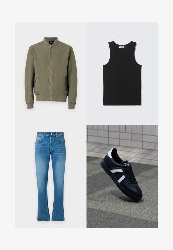 Olivgrüne Bomberjacke mit strukturiertem Oberfläche, gerippten Bündchen und Kragen sowie einem Frontreißverschluss. Verfügt über zwei Seitentaschen.; Schwarzes ärmelloses, geripptes Tanktop mit rundem Ausschnitt und Weekday-Markenlabel auf der Innenseite des Rückkragens.; Blaue Denim- Schlagjeans mit normaler Taille, zwei Fronttaschen und leichter Abnutzung. Der Stoff hat eine weiche Textur und traditionelle Nähte.; Schwarze Leder-Sneaker mit weißen Streifen, strukturiertem Gummisohle und Schnürung. Verfügt über ein Markenetikett auf der Zunge.