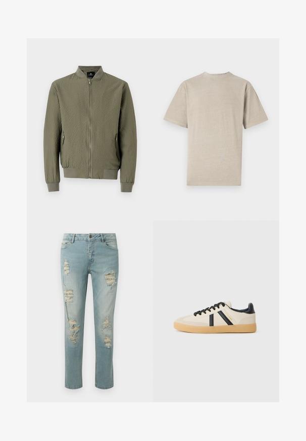 Chaqueta bomber verde oliva con una superficie texturizada, puños y cuello acanalados, y cierre frontal con cremallera. Incluye dos bolsillos laterales.; Camiseta de manga corta en beige claro con cuello redondo, fabricada en un tejido suave, que presenta una textura lisa y un diseño simple sin gráficos.; Vaqueros desgastados de color azul claro con detalles rasgados y bordes deshilachados. Diseño clásico de cinco bolsillos y corte recto.; Zapatillas casuales en crema con rayas negras, con parte superior texturizada y suela de goma. Los cordones son negros. Logo sutil en el costado.