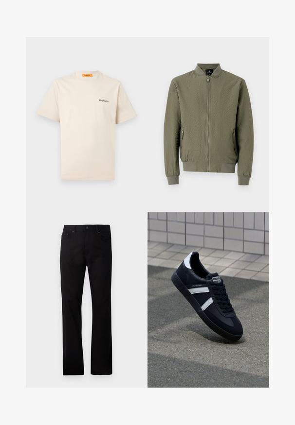 Olivgrüne Bomberjacke mit strukturiertem Oberfläche, gerippten Bündchen und Kragen sowie einem Frontreißverschluss. Verfügt über zwei Seitentaschen.; Replay Inc. ESSENTIAL LOGO UNISEX - T-Shirt basic - ivory; Schwarze gerade Jeans aus Denim, mit einem Frontknopfverschluss, zwei Seitentaschen und einer glatten Textur.; Schwarze Leder-Sneaker mit weißen Streifen, strukturiertem Gummisohle und Schnürung. Verfügt über ein Markenetikett auf der Zunge.