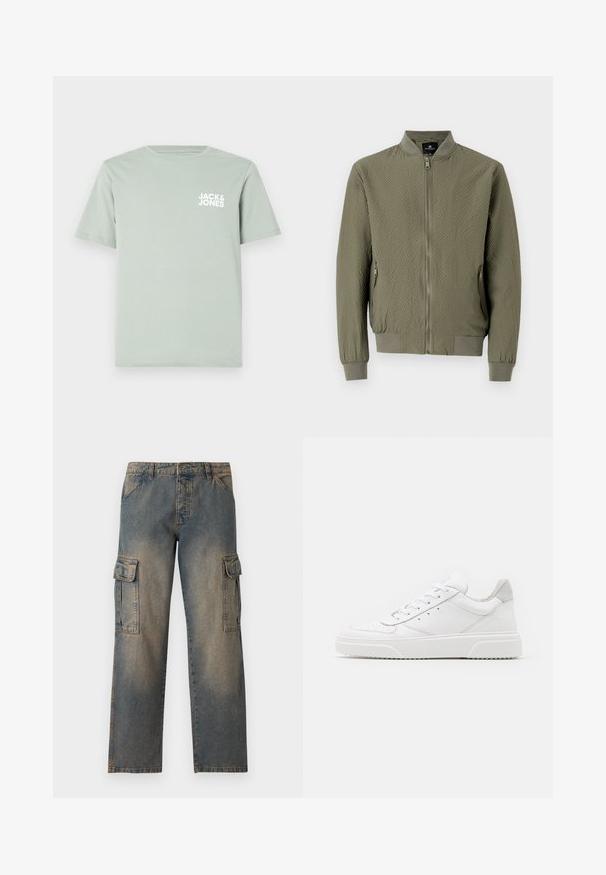 Olivgrüne Bomberjacke mit strukturiertem Oberfläche, gerippten Bündchen und Kragen sowie einem Frontreißverschluss. Verfügt über zwei Seitentaschen.; Hellgrünes Baumwoll-T-Shirt mit Rundhalsausschnitt und kurzen Ärmeln. Mit einem weißen Logo "JACK & JONES", das auf der linken Brust gedruckt ist.; Denim-Cargo-Hosen in einem verblassten Blauton, lockerer Schnitt, zwei große Seitentaschen, genähte Nähte und ein klassisches Taillenband-Design.; Weiße Leder-Sneaker mit glatter Oberfläche, rundem Zehenbereich, flachen Schnürsenkeln und strukturiertem Schuhsohlen. Graues Wildleder-Detail an der Ferse.