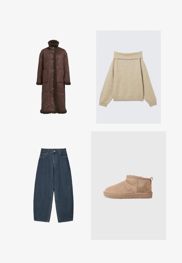 Manteau en daim marron avec un col haut, doté d'une douce bordure en fourrure, de deux poches avant et d'une fermeture à boutons sur le devant.; Pull beige décontracté à épaules nues fabriqué en tissu tricoté doux. Présente un large col côtelé et des épaules tombantes. Tissu texturé avec légère variation.; Jeans en denim bleu foncé à jambes larges avec une taille haute, dotés de cinq poches et de détails de couture visibles. Design épuré et minimal.; Bottines en daim marron avec un intérieur en douceur, un détail de couture et une semelle en caoutchouc texturée pour une meilleure adhérence. Une boucle à l'arrière pour un enfilage facile.