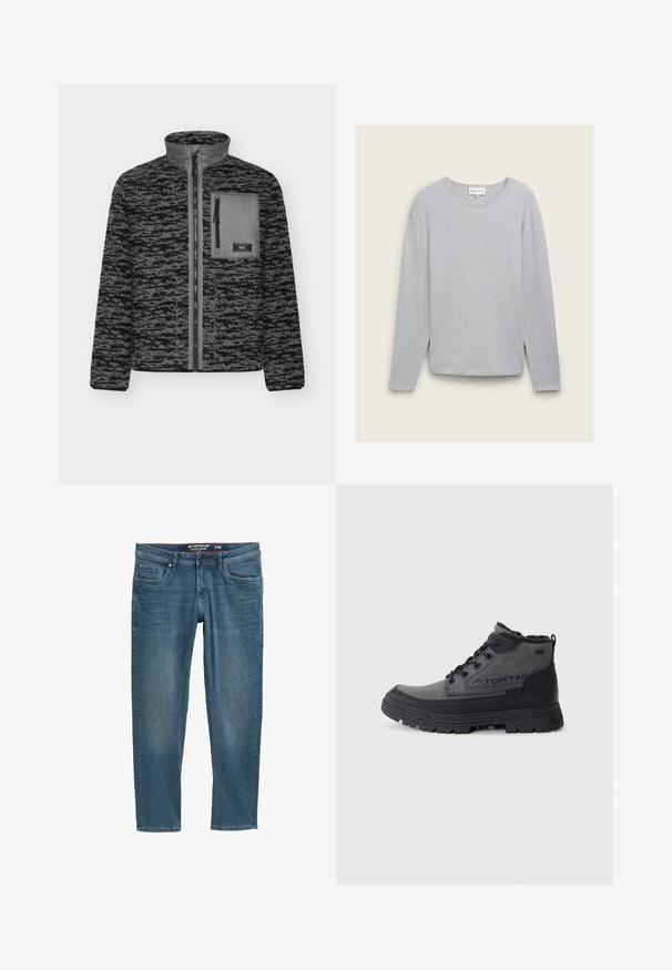 Fleecejacke in Schwarz und Grau mit Reißverschluss, hohem Kragen und einer Brusttasche. Verfügt über ein strukturiertes Muster und gerippte Bündchen.; Grau gestrickter Pullover mit langen Ärmeln aus Rippstoff. Hat einen runden Ausschnitt und seitliche Schlitze am Saum für eine lockere Passform.; Blaue Jeans aus Denim mit schmalem Schnitt, Fünf-Taschen-Design und einem roten Innenbund. Mit einem Logo-Patch auf der Gesäßtasche.; Schwarze Knöchelboots aus Leder und synthetischen Materialien, mit einer strukturierten Sohle, Schnürverschluss und weichem, gepolstertem Kragen.