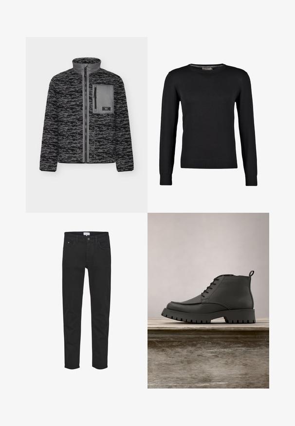 Fleecejacke in Schwarz und Grau mit Reißverschluss, hohem Kragen und einer Brusttasche. Verfügt über ein strukturiertes Muster und gerippte Bündchen.; Schwarzer Strickpullover mit langen Ärmeln, Rundhalsausschnitt und gerippten Bündchen und Saum. Glatte Textur und taillierte Passform.; Schwarze Denim-Jeans verfügen über fünf Taschen, einen Reißverschluss, eine schmale Passform und subtile Nähte. Der Stoff hat eine glatte Textur.; Schwarze Leder-Stiefelette mit runder Kappe, Schnürung und einer dicken, robusten Sohle mit tiefen Profilen. Auf einer Holzoberfläche erhöht.