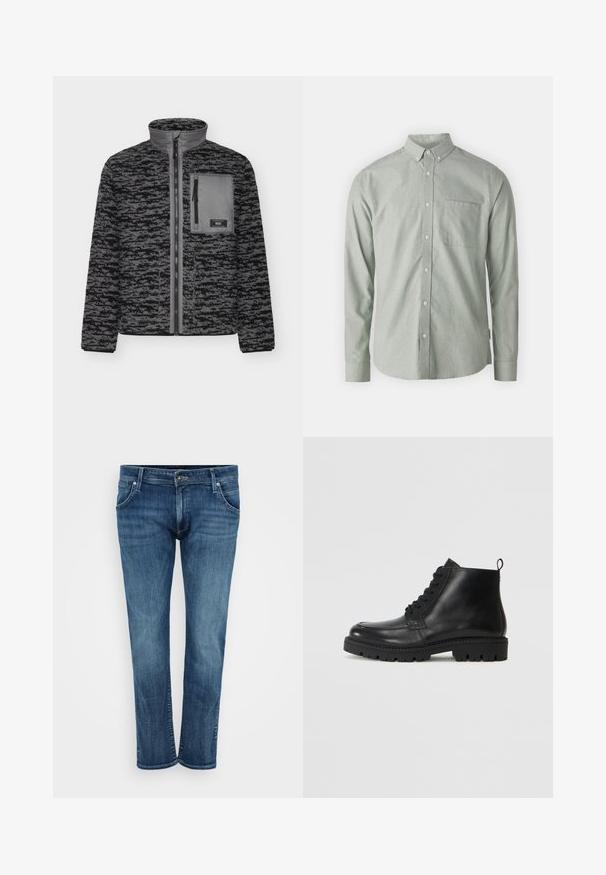 Fleecejacke in Schwarz und Grau mit Reißverschluss, hohem Kragen und einer Brusttasche. Verfügt über ein strukturiertes Muster und gerippte Bündchen.; Hellgrünes Langarmhemd aus weichem Stoff, mit einem button-down Kragen, durchgehender Knopfleiste und einer einzigen Brusttasche.; Blaue Denim-Jeans mit geradem Bein, ausgestattet mit vorderen Taschen, einem Reißverschluss und dezentem Verblassen. Klassischer Stil mit mittlerem Wasch-Effekt.; Schwarze Leder Stiefeletten mit runder Zehe, Schnürverschluss und strukturiertem Gummisohle. Mit einer Ziehlasche an der Ferse für einfaches Anziehen.