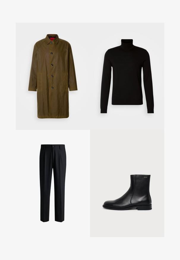 Manteau imperméable vert olive avec une coupe droite, fermeture à boutons, poches latérales et un col. Texture lisse.; Pull col roulé noir en tissu tricoté fin, doté de manches longues et d'une silhouette ajustée. Texture lisse avec des poignets côtelés.; Pantalons noirs en tissu lisse, avec une coupe droite, des plis à l'avant et une fermeture à bouton avec passants de ceinture.; Bottine en cuir noir à talon bas, couture latérale et petit logo "HUGO" sur le revers supérieur sur un fond uni.