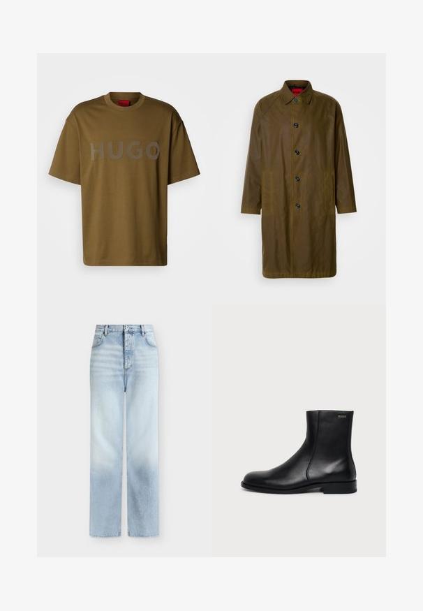 Oliven grøn vandtæt frakke med lige snit, knaplukning, sidelommer og krave. Har en glat tekstur.; Olivegrøn t-shirt i bomuld med rund hals og korte ærmer, med et stort gråt "HUGO" logo trykt på forsiden.; Lyseblå, højtaljede jeans med rette ben, forlommer, bæltestropper og knaplukning.; Sort læderankelstøvle med lav hæl, sidesyning og lille "HUGO" logo på den øverste manchet mod en ensfarvet baggrund.