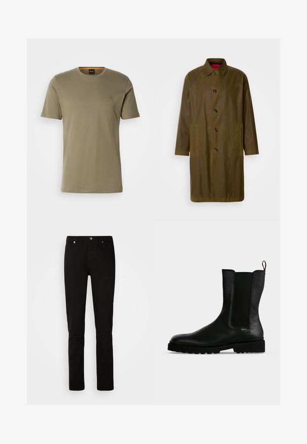 Olivgrüner, wasserfester Mantel mit geradem Schnitt, Knopfverschluss, seitlichen Taschen und Kragen. Hat eine glatte Textur.; Olivegrünes Kurzarm-T-Shirt aus Baumwolle mit Rundhalsausschnitt und einem kleinen quadratischen Logopatch auf der linken Brust. Glatte Textur.; Schwarze Jeans mit geradem Bein, vorne mit Knopf- und Reißverschluss, Vorder- und Gesäßtaschen, dargestellt vor einem schlichten hellen Hintergrund.; Schwarzer Leder-Stiefelette mit elastischem Seitenteil, grober Sohle und Zuglasche hinten, mit kleinem goldenem "Hugo" Logo nahe der Ferse.