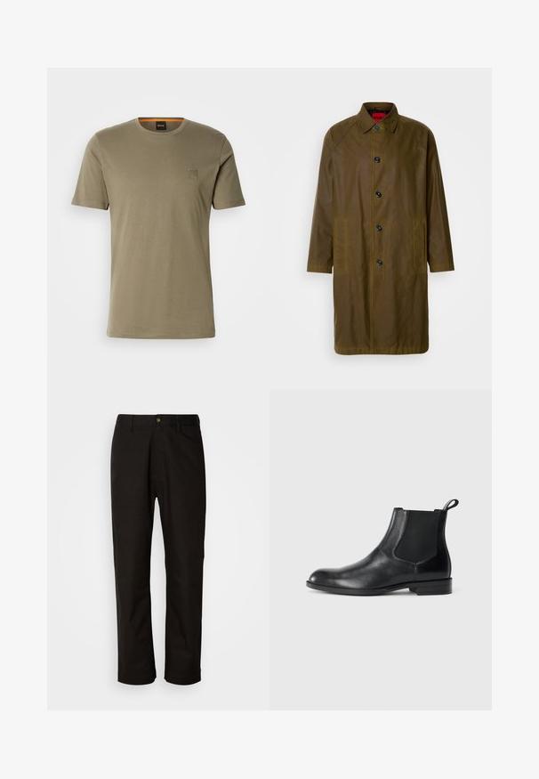 Olivgrüner, wasserfester Mantel mit geradem Schnitt, Knopfverschluss, seitlichen Taschen und Kragen. Hat eine glatte Textur.; Olivegrünes Kurzarm-T-Shirt aus Baumwolle mit Rundhalsausschnitt und einem kleinen quadratischen Logopatch auf der linken Brust. Glatte Textur.; Schwarze Baumwollhosen mit geradem Schnitt, Gürtelschlaufen, einem Reißverschluss vorne und einem einzelnen Knopfverschluss. Glatte Textur ohne sichtbare Muster.; Schwarze Leder-Stiefelette mit elastischen Seiteneinsätzen, abgerundeter Zehenpartie und einem Zugschlauf. Glatte Textur, flache Sohle, minimalistisches Design.
