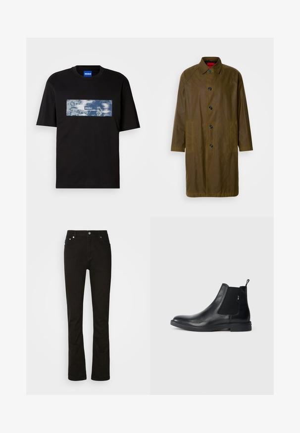 Olijfgroen waterdichte overjas met een rechte snit, knoopsluiting, zijzakken en een kraag. Beschikt over een zachte textuur.; Zwarte T-shirt met korte mouwen met een blauw-witte rechthoekige graphic en de tekst "HUGO" op de borst, en een blauw label binnenin de kraag.; Zwarte denim jeans met een recht model, voorzien van voorzakken, een rits en zilveren hardware accenten. Soepele textuur, zonder patronen.; Zwarte leren Chelsea-boots met elastische zijpanelen, een treklipje en een vlakke rubberen zool. Gladde textuur met minimale details.