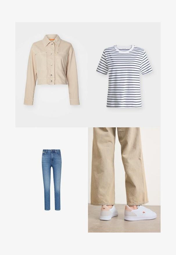 Chaqueta de mezclilla beige recortada con collar en punta, dos bolsillos frontales, botones a presión plateados y detalle de forro naranja.; Camiseta blanca de manga corta con cuello redondo y rayas negras horizontales espaciadas uniformemente en la parte delantera y las mangas.; Vaqueros ajustados en denim azul de lavado medio. Presentan una cintura alta, diseño de cinco bolsillos y costuras contrastantes en todo el tejido.; Zapatillas blancas con un acabado de cuero suave, que cuentan con un acento de gamuza beige en el talón y una sutil marca. Combinadas con pantalones beige claros.