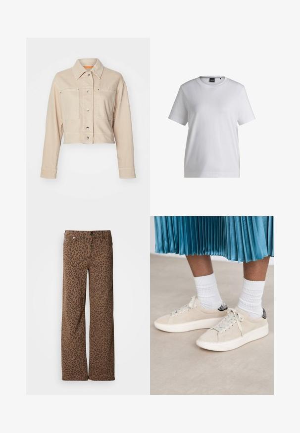 Chaqueta de mezclilla beige recortada con collar en punta, dos bolsillos frontales, botones a presión plateados y detalle de forro naranja.; Camiseta de algodón blanca con cuello redondo, mangas cortas y un corte relajado. Presenta una pequeña etiqueta de la marca cerca del cuello.; Pantalones de pierna ancha marrones con un estampado de leopardo negro, hechos de una tela suave con una textura lisa y cierre de botón clásico.; Zapatillas de gamuza beige con una suela de goma blanca y un diseño de cordones. Acabadas con una lengüeta trasera negra texturizada. Llevadas con calcetines blancos de canalé.
