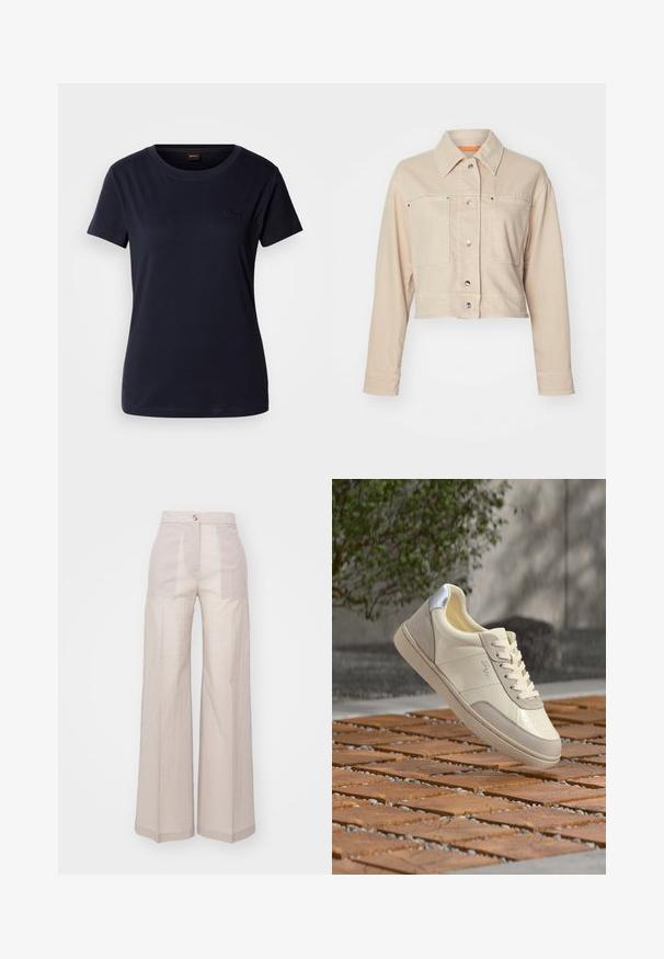 Chaqueta de mezclilla beige recortada con collar en punta, dos bolsillos frontales, botones a presión plateados y detalle de forro naranja.; Camiseta de manga corta de color azul marino, hecha de algodón, con cuello redondo y un pequeño logo bordado en el pecho. Textura suave.; Pantalones de pierna ancha beige, hechos de una tela ligera tejida, con una cintura alta, cierre con un solo botón en la parte frontal y una textura sutil.; Zapatilla beige y crema con detalle plateado en el talón, cordones atados, situada sobre una superficie de madera con baldosas, con vegetación desenfocada y pared de fondo.
