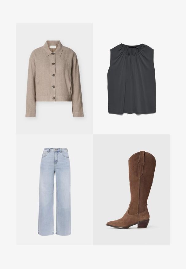 Beige linnen cropped jack met lange mouwen, puntige kraag en vijf donkere knopen aan de voorkant, weergegeven op een effen achtergrond.; Donkergrijze mouwloze blouse met geplooide halslijn en losse pasvorm, gemaakt van glad, lichtgewicht stof.; Lichtblauwe jeans met hoge taille en wijde pijpen, voorzien van een knoop- en ritssluiting aan de voorkant, twee voorzakken en twee achterzakken, en een onafgewerkte zoom.; Bruine suède cowboylaars met een puntige neus, schacht van gemiddelde hoogte, decoratieve stiksels langs de zijkanten en een gestapeld houten hak.
