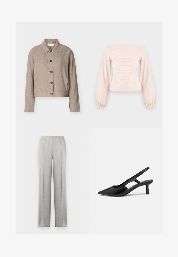Beige linned langærmet cropped jakke med spids krave og fem mørke knapper ned foran, vist på en ensfarvet baggrund.; Lyserød, langærmet off-shoulder top med rynket stofdetalje ved brystet og elastiske manchetter på ærmerne.; Lysegrå bukser med lige ben, elastik i taljen og lodrette sømdetaljer foran.; Sorte slingback hæle med spidse tæer, lavet af blankt materiale, med udskæringsdetaljer og en moderat hæl for støtte.