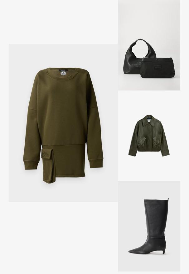 Mørkegrøn læderjakke med bred krave, trykknapper foran, to skrå lommer med klap og elastisk kant nederst samt ved ærmegab.; Oliven grøn sweatshirt, blødt materiale, crew neckline, lange ærmer, sidesplit med stofdetalje, broderet logo på den nederste front.; Sorte læder knæhøje støvler med spidse tæer, fremhævet af et rundt bånd omkring anklen og en lav, tapered hæl. Glat tekstur.; To sorte Marc Jacobs tasker på en hvid overflade: en struktureret hobo-taske med buet håndtag og en mindre lynlåspose med læderdetaljer.