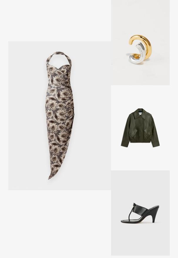 Mørkegrøn læderjakke med bred krave, trykknapper foran, to skrå lommer med klap og elastisk kant nederst samt ved ærmegab.; Halter neck fitted kjole med grå og beige store blomsterprint, rynkede sider og asymmetrisk kant.; Sort højhælet sandal med bred frontrem og en tåsløjfe med en knyttet snordetalje, vist i profil på hvid baggrund.; To forskellige sammenflettede ørepiercinger, en i guld og en i sølv stemplet Ag925, præsenteret på en hvid baggrund.