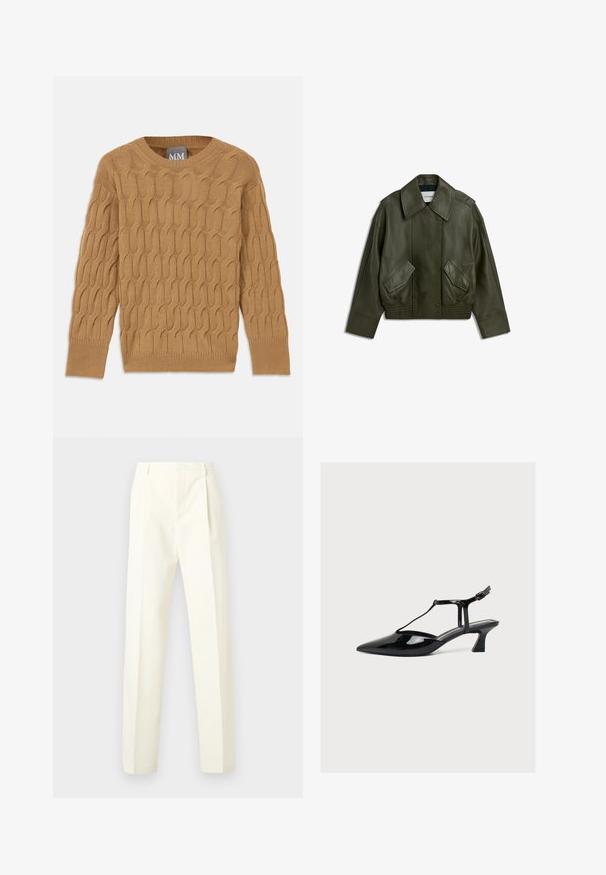 Veste en cuir vert foncé avec large col, boutons-pression à l'avant, deux poches à rabat inclinées, et ourlet et poignets élastiqués.; Pull en tricot marron avec un motif en torsade, col rond et manches longues. Poignets et ourlet côtelés, fabriqué dans un tissu doux et texturé.; Pantalon pour homme en tissu crème clair, doté d'une taille haute, d'un devant plissé, d'une coupe droite, sans poches visibles ni détails métalliques.; Chaussure à talon bas en cuir verni noir, bout pointu, bride en T et fermeture à boucle sur fond clair neutre.