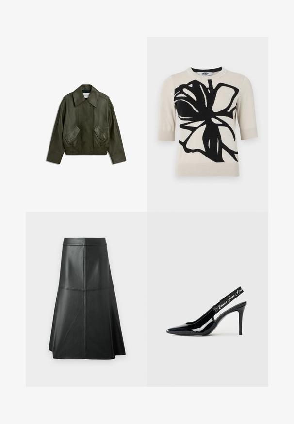 Donkergroene leren jas met brede kraag, drukknoopsluiting aan de voorkant, twee schuine klepzakken en elastische zoom en manchetten.; DKNY GRAFFITI FLORAL - T-shirt print - light city khaki/black; Zwarte leren A-lijn rok, met een gladde textuur, tot halverwege de kuit, met horizontale stikdetails in de taille en naden voor extra structuur.; Zwarte patenten leren slingback hak met een puntige neus, met een uitsnijding en een elastische band met het merknamen erop.
