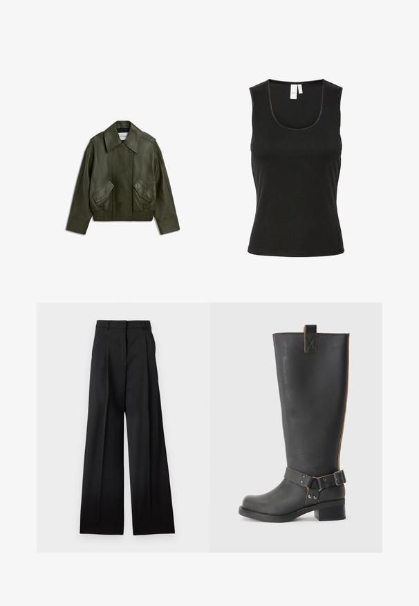 Dunkelgrüne Lederjacke mit breitem Kragen, vorderen Druckknöpfen, zwei schrägen Klappentaschen sowie elastischem Saum und Bündchen.; Schwarzes ärmelloses Tanktop aus geripptem Material, mit einem runden Halsausschnitt und schlankem Schnitt. Minimalistischer Stil ohne Muster oder Akzente.; Schwarze, maßgeschneiderte Hose mit weitem Bein, vorne mit Falten, Gürtelschlaufen und glatter Stoffstruktur.; Schwarze Leder-Stiefel bis zum Knie mit strukturiertem Finish, seitlichem Schnallenakzent und niedrigem Absatz. Detaillierte Steppnähte entlang der Nähte.