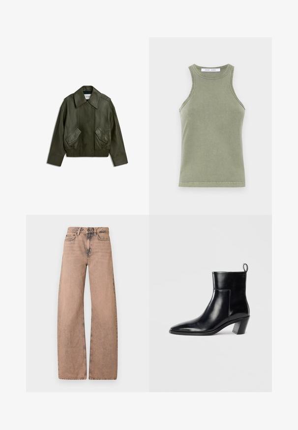 Chaqueta de cuero verde oscuro con cuello ancho, botones frontales de presión, dos bolsillos con solapa en ángulo y dobladillo y puños elásticos.; Top sin mangas de color verde oliva, confeccionado en suave algodón, con escote redondo y bordes cosidos. Forma sencilla y ajustada.; Jeans de pernera ancha color marrón claro, hechos de denim, con una cinturilla clásica, diseño de cinco bolsillos y textura deslavada.; Botín de piel negra hasta el tobillo con punta afilada, tacón apilado geométrico y una lengüeta en la parte posterior. Textura suave y diseño elegante.