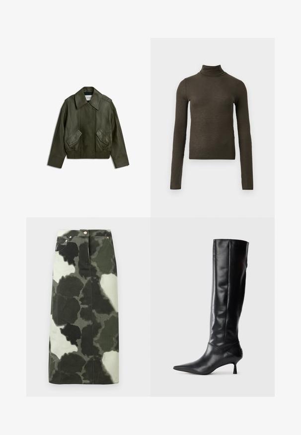 Dunkelgrüne Lederjacke mit breitem Kragen, vorderen Druckknöpfen, zwei schrägen Klappentaschen sowie elastischem Saum und Bündchen.; Dunkelolivgrünes, geripptes Langarm-Top mit Rollkragen, schmalem Schnitt und leicht verkürzter Länge auf hellem, einfarbigem Hintergrund.; Cargohosenrock mit Camouflage-Muster in Dunkelgrün und Schwarz, mit hoher Taille, vier Taschen und metallic Akzenten. Mittellang und gerade geschnitten.; Schwarze Lederstiefel bis zum Knie mit spitzem Zehenbereich und schmalem, geschwungenem Absatz. Glatte Textur, enganliegendes Design und keine sichtbaren Beschläge oder Muster.