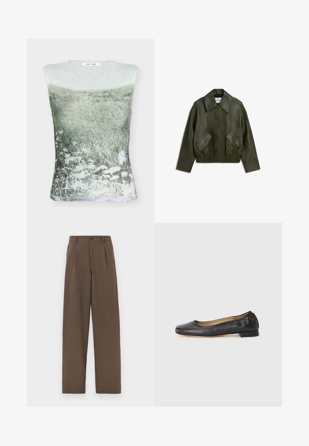 Veste en cuir vert foncé avec large col, boutons-pression à l'avant, deux poches à rabat inclinées, et ourlet et poignets élastiqués.; Haut sans manches avec un motif doux et discret d'un champ herbeux et de fleurs sauvages blanches sur un fond clair.; Pantalon marron à jambes larges en tissu lisse, avec deux plis, une fermeture à un bouton et des poches standards.; Ballerines en cuir noir avec un bout arrondi et des coutures minimales. Talon bas et rectangulaire avec une texture lisse. Détails subtils de doublure intérieure.