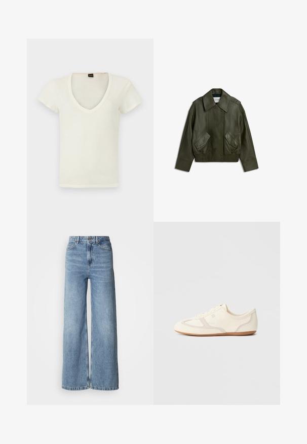 Chaqueta de cuero verde oscuro con cuello ancho, botones frontales de presión, dos bolsillos con solapa en ángulo y dobladillo y puños elásticos.; Camiseta blanca de manga corta con cuello en V y etiqueta "BOSS" en negro y naranja en el interior del cuello, exhibida sobre un fondo claro y liso.; Vaqueros de mezclilla azul claro de pierna ancha, con cintura alta, diseño de cinco bolsillos y dobladillos sin rematar. Textura suave con acabado descolorido.; Zapatillas de color crema con parte superior de ante y tela, puntera redondeada y suela de goma con un detalle en beige. Diseño con cordones.