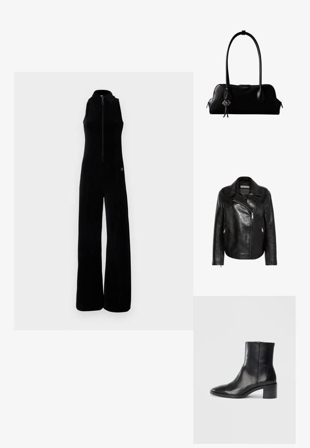 Chaqueta de motorista de cuero negro con cremallera frontal asimétrica, cuello ancho, bolsillos laterales con cremallera y mangas largas con puños de cremallera.; Mono negro con cremallera frontal, diseño sin mangas, cuello alto y piernas anchas. Tela suave y texturizada con sutiles detalles de costura.; Botín de cuero negro hasta el tobillo con punta afilada, tacón bajo y bloque, y sutil logotipo embosado. Textura suave con un diseño elegante y costuras mínimas.; Bolso de cuero negro Calvin Klein con correa larga para el hombro, laterales con cremallera y un colgante decorativo colgando de una correa.