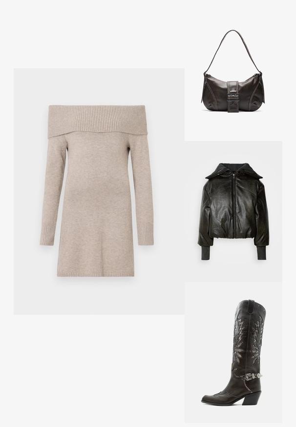 Skåret sort læderjakke med en tykk ribbet krave, frontlynlås og teksturerede ærmer. Har polstrede skuldre og håndledsmanchetter.; Beige off-shoulder sweater, strikket tekstur, lange ærmer, ribbet halsudskæring og manchetter, midt-lår længde, glat stoffsammensætning.; Sort læder cowboystøvle med dekorative udskæringer, sølvspænde og skrå hæl, vist på hvid baggrund.; Brun læder skuldertaske med en buet form, der har et fremtrædende spænde, kontrasterende syninger og en enkelt skulderrem.
