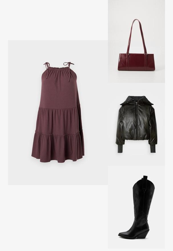 Veste en cuir noir recourbée avec un col côtelé épais, une fermeture éclair à l'avant et des manches texturées. Présente des épaules rembourrées et des poignets.; Robe violette sans manches côtelée avec bretelles ajustables et jupe à volants plissée sur fond neutre.; Botte de cowboy en cuir noir avec bout pointu, talon bloc incliné, couture décorative et languettes en haut sur fond blanc.; Sac à main bordeaux en matériau brillant, de forme rectangulaire, avec deux anses et des accents légèrement courbés à l'avant.