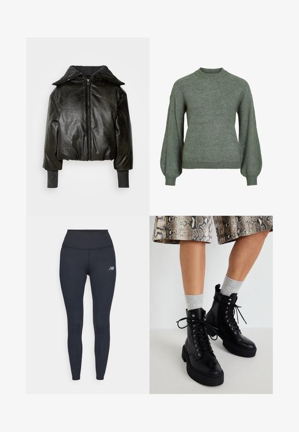 Skåret sort læderjakke med en tykk ribbet krave, frontlynlås og teksturerede ærmer. Har polstrede skuldre og håndledsmanchetter.; Grøn ribstrikket sweater med høj hals og lange, voluminøse ærmer. Har en tekstureret finish og tætsiddende manchetter.; Sorte højtaljede leggings lavet af strækbart materiale, med et elegant design og et lille reflekterende logo på låret.; Steve Madden GUSTO - Plateaustøvletter - black
