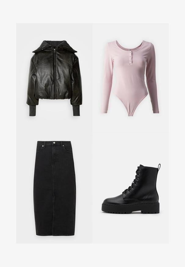 Veste en cuir noir recourbée avec un col côtelé épais, une fermeture éclair à l'avant et des manches texturées. Présente des épaules rembourrées et des poignets.; Body à manches longues en tissu doux, de couleur rose, avec un décolleté en rond et une patte de boutonnage à quatre boutons, présentant une coupe haute au niveau des jambes. Texture lisse.; Jupe en denim noir à taille haute, longueur au genou, couture frontale et conception classique à cinq poches. Dotée d'un bouton métallique et d'une texture subtile.; Bottine en cuir noir avec une semelle épaisse et texturée, bout rond et œillets en métal pour les lacets. Présente une languette à l'arrière.