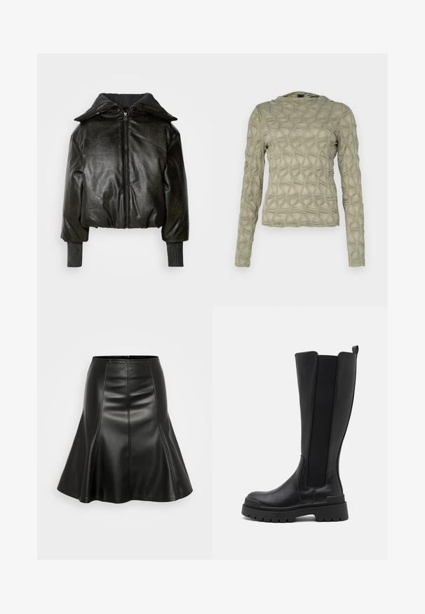 Gekürzte schwarze Lederjacke mit dicker gerippter Kragen, Frontreißverschluss und strukturierten Ärmeln. Verfügt über gepolsterte Schultern und Handgelenksbündchen.; Langärmliges Oberteil in gedämpftem Grün, mit einem strukturierten Muster aus erhabenen Rauten. Weicher Stoff mit subtiler Schimmer und einem abgerundeten Ausschnitt.; ONLY ONLELLINOR SKIRT - Faltenrock - black; Even&Odd Plateaustiefel - black