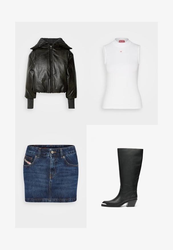 Veste en cuir noir recourbée avec un col côtelé épais, une fermeture éclair à l'avant et des manches texturées. Présente des épaules rembourrées et des poignets.; Haut sans manches blanc avec un col épais côtelé, arborant un petit logo Diesel rouge à l'avant. Fabriqué en matériau ajusté et extensible.; Jupe en denim bleu foncé avec une coupe ajustée, cinq poches et des coutures orange. Inclut un système de fermeture à bouton métallique à la taille.; Bottes noires en cuir hautes avec une pointe fermée et un design découpé. Elles présentent un talon épais et une texture lisse. Les détails sur les panneaux latéraux sont remarquables.